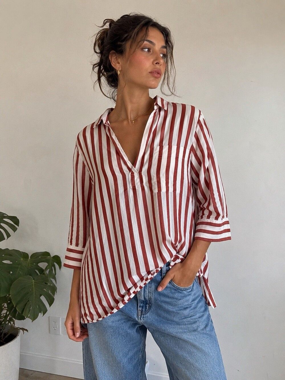 AZUL by Moussy Red White Stripe Cotton Tunic Shirt M Boho Minimalist Japanese